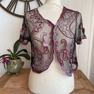 Black and Pink Sheer Embroidered Top